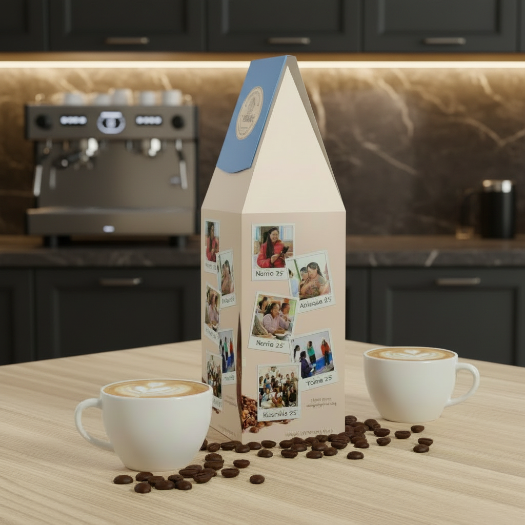 Decorative packaging with triangular top and photos on a white background