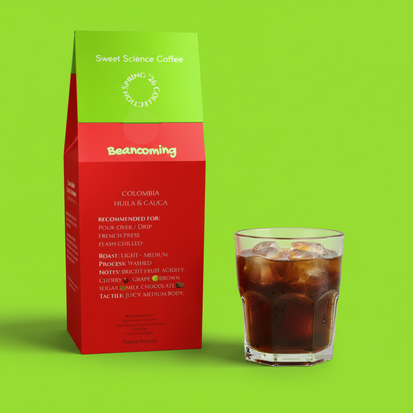 Red coffee package with green top labeled 'Beancoming' on a white background