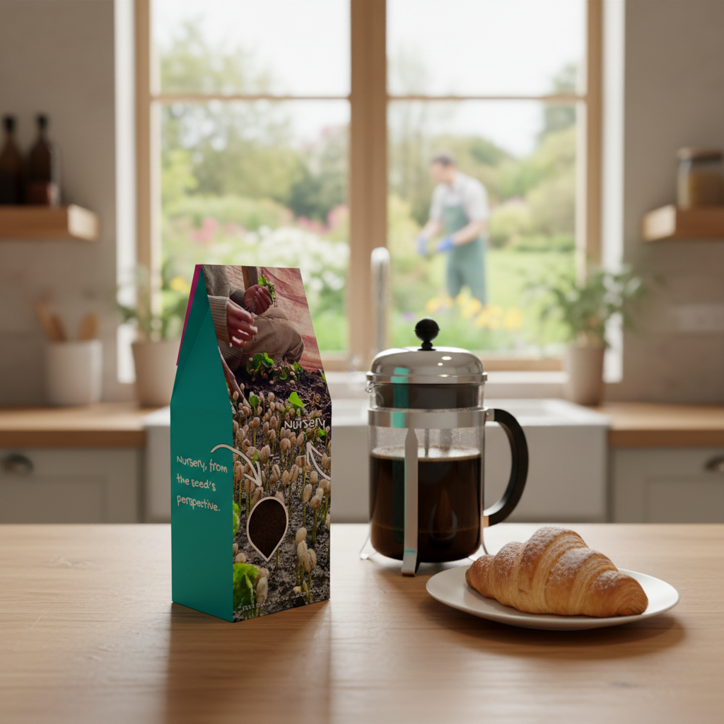 Teal box with gardening-themed design on a white background