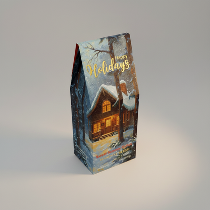 Holiday-themed product packaging with a snowy cabin and 'Happy Holidays' text.