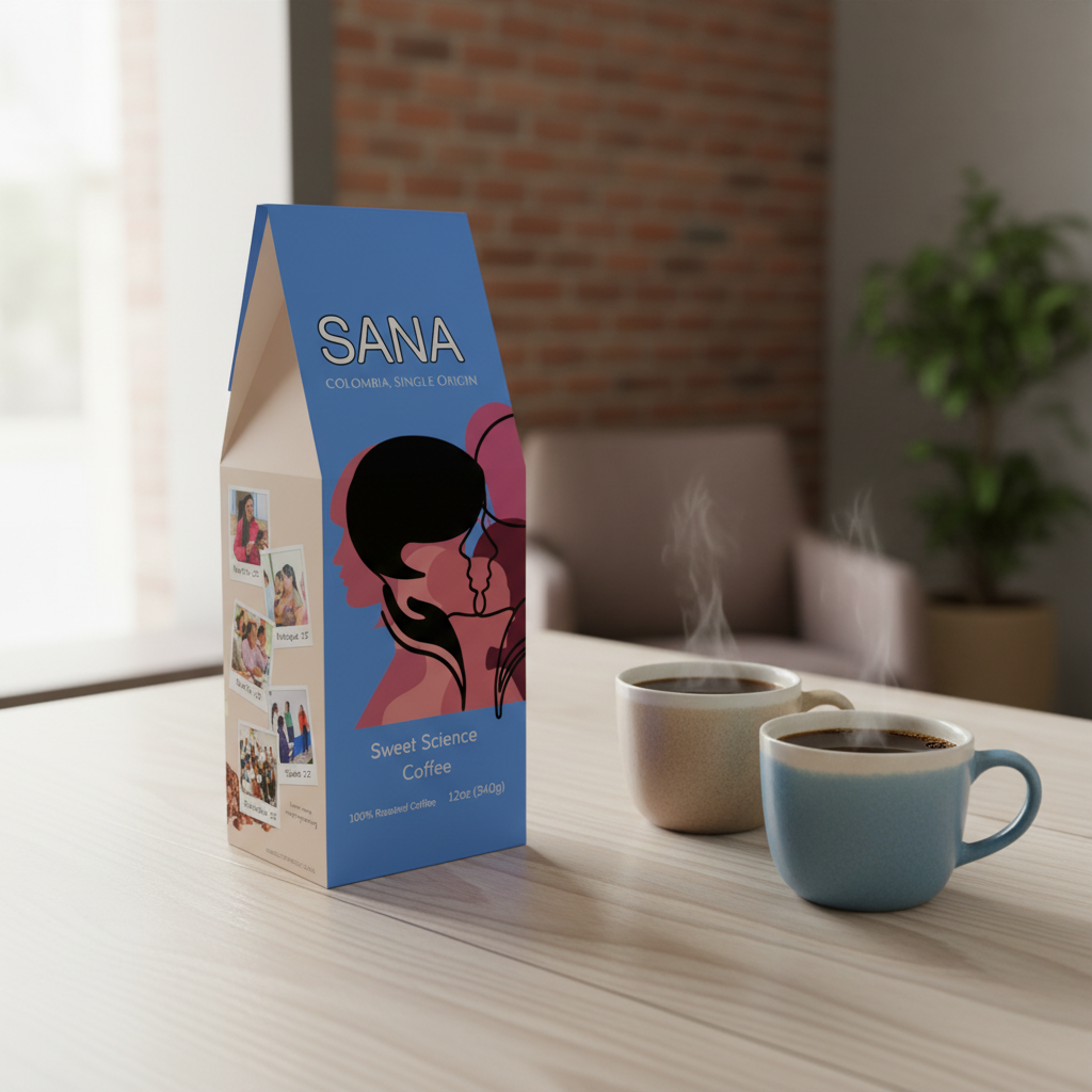 Coffee packaging with 'SANA' branding and a stylized face design on a blue and beige background.