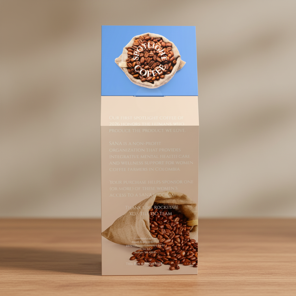 Coffee package with coffee beans and brand logo on a white background