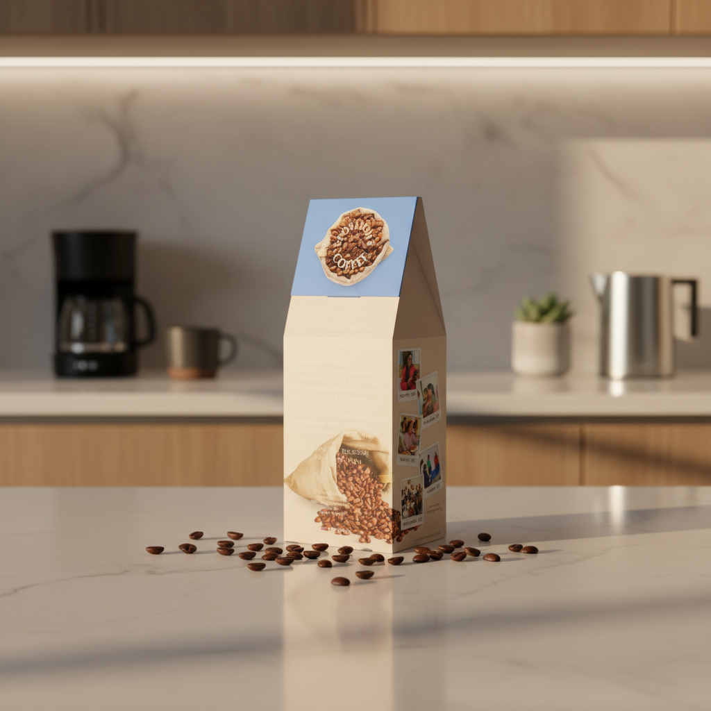 Cardboard coffee packaging with images of people and coffee beans on a white background