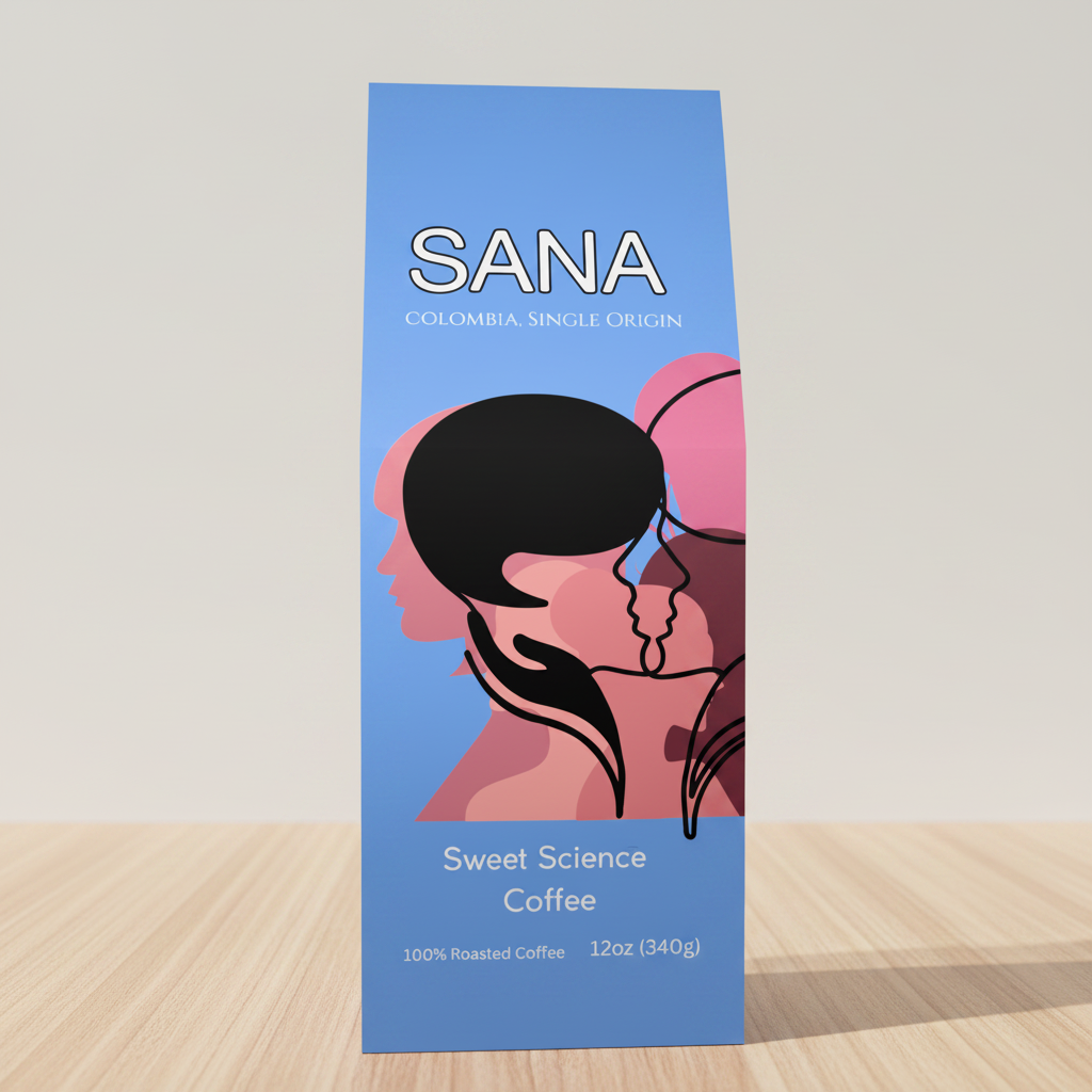 Coffee package with 'SANA' branding and artistic design on a blue background