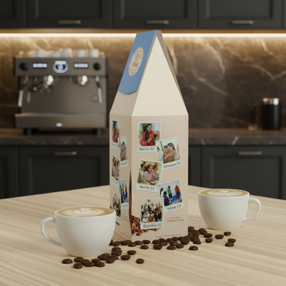 Decorative packaging with triangular top and photos on a white background