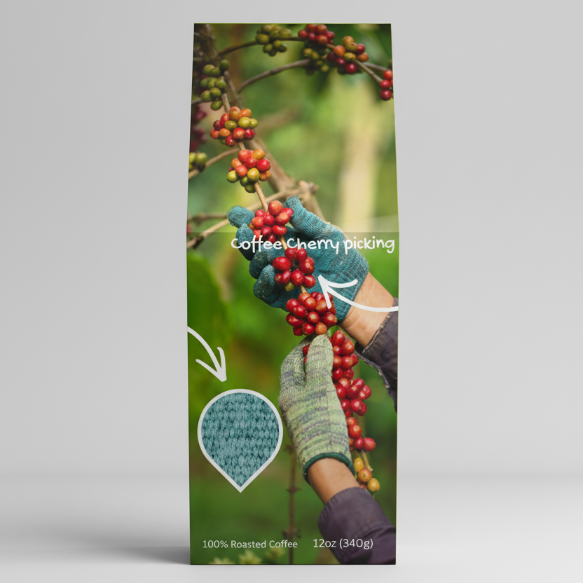 Coffee cherry picking packaging with hands in gloves holding coffee cherries.