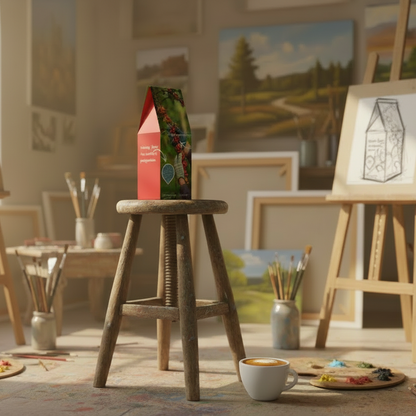 Coffee packaging with coffee cherry and text on a white background