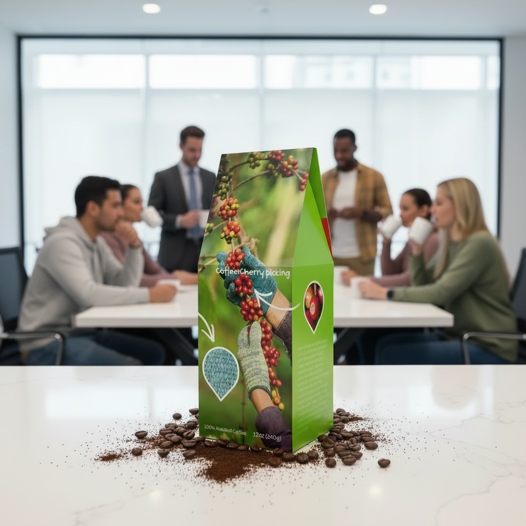 Green coffee packaging with coffee cherries and gloves on a white background
