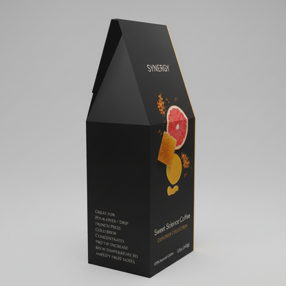 Black coffee packaging with fruit illustrations on a white background